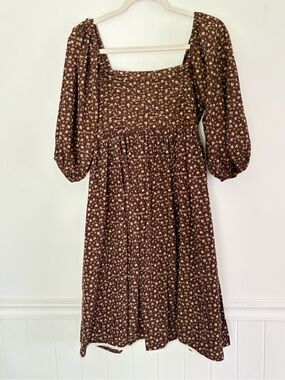 Elloh Brown Dainty Floral Midi Dress Size Small/Medium Cottagecore Milkmaid *C53